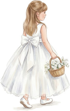 Little Flower girl with a basket of flowers, watercolor illustration