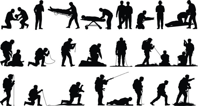 Emergency rescue team silhouettes collection, mountain climbing expedition figures, first aid response, outdoor adventure vector set