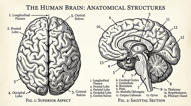 Detailed Anatomical Illustration of Human Brain Structures.