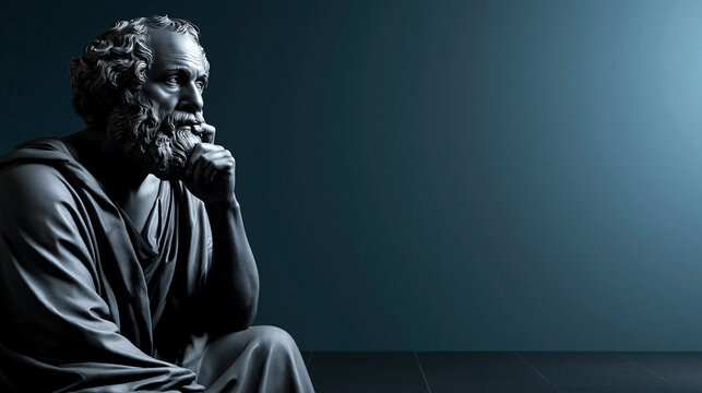 Detailed sculpture of the ancient Greek philosopher Socrates in a pensive thinking pose, hand on chin, set against a dark blue atmospheric background, embodying wisdom and contemplation.