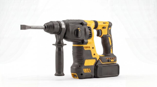 Yellow cordless rotary hammer drill with a flat chisel bit attached, standing vertically on a white background
