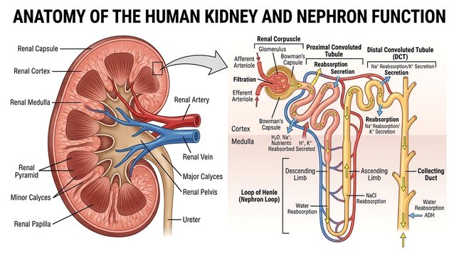 Detailed Anatomy of Human Kidney and Nephron Function Diagram.