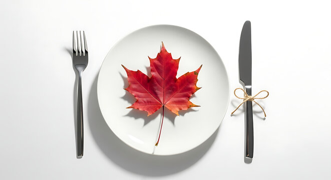 Autumn leaf on white plate with fork and knife setting transparent background