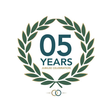 5th Anniversary Celebration Logo Emblem Vector Illustration, Elegant Fifth Year Jubilee Badge Design, Gold and Dark Green Laurel Wreath Graphic with Interlocking Wedding Rings, 5 Years Milestone.