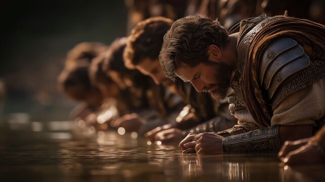 Gideon&rsquo;s chosen warriors gather at the river as their manner of drinking reveals readiness, vigilance, and the qualities needed for the mission God has set before them.
