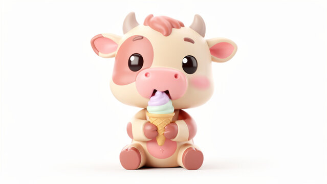 Cute baby cow holding ice cream cone.