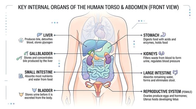 Detailed Diagram of Human Internal Organs in Abdomen and Thorax Front View.