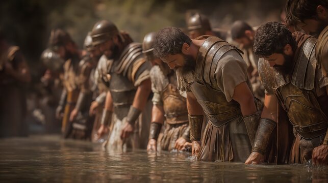 Gideon Observes His Warriors at the River as Some Kneel to Drink Directly from the Water While Others Remain Alert Along the Riverbank