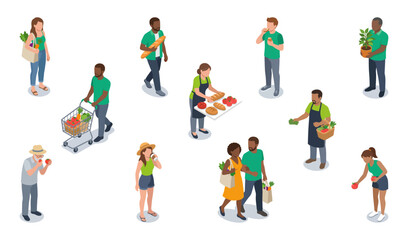 Fototapeta premium Farmers market shoppers choosing fresh organic produce | Diverse people buying local food at grocery store | Isometric vector illustration