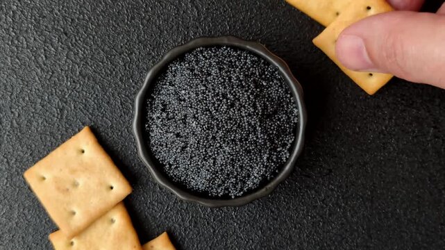 Black caviar from beluga or sturgeon, an expensive delicacy for sandwiches. Black caviar as a food background for your design