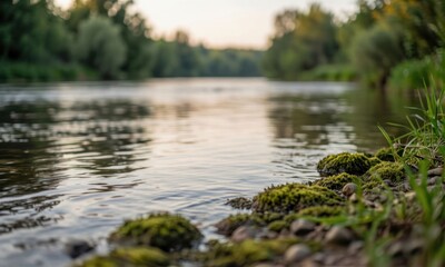 Obraz premium Tranquil lakeside with moss-covered rocks at golden hour in natural wilderness setting