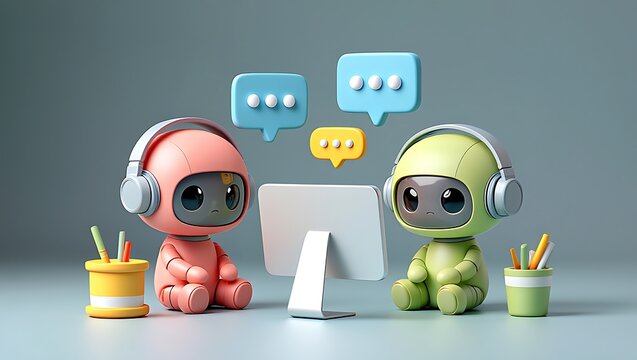 Two cartoon robots with headphones sitting by computer monitor and colorful speech bubbles above