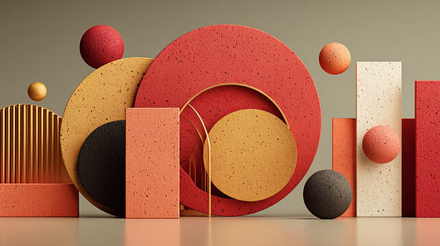 Geometric Abstract Background with Textured Spheres and Cylinders in Warm Tones on Minimal Surface