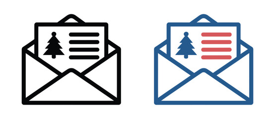 Letter in open envelope icon with Christmas tree and festive decorations, holiday mail symbol for seasonal greetings and celebrations. © Gary D. Marlow