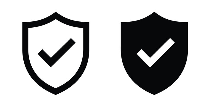 Shield check mark icon, green security shield protection symbol with verification tick for cybersecurity, safety and trusted access.