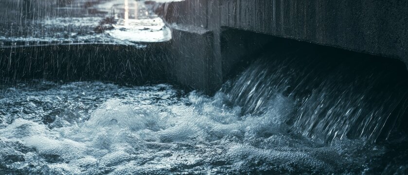Water flows from a drainage pipe into a pool during a rainy day at a city street