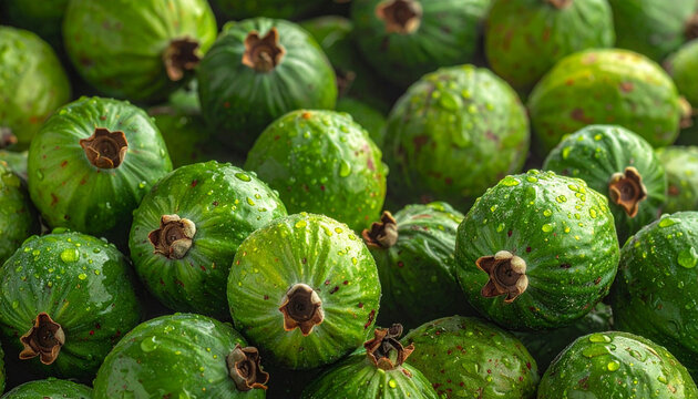 Fresh green feijoa fruits texture background with fresh water drops. Raw organic Acca sellowiana guavasteen pile for healthy vegan food concept, tropical macro wallpaper, and grocery market banner.