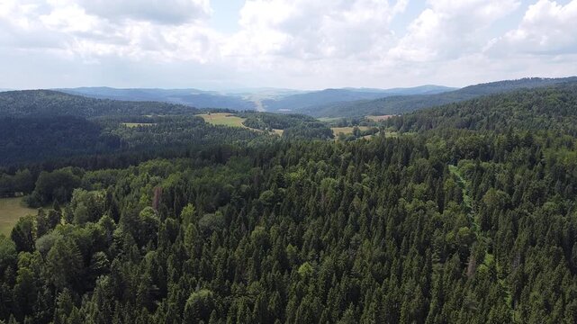Aerial view of EuroVelo 11 bike path along Poprad river in summer, drone shot of scenic cycling route between Krynica-Zdroj, Muszyna and Rytro in Beskid Sadecki mountains, Poland.