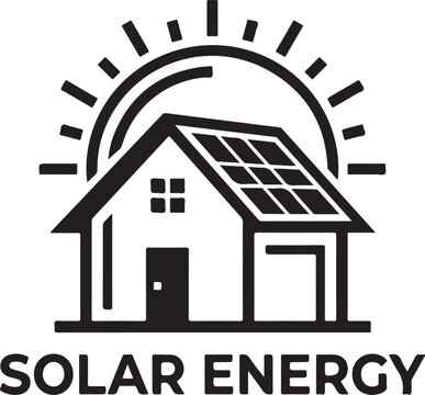 Solar energy logo. Solar panel house icon. Renewable green energy concept. Sustainable home electricity illustration. Sun and residential building vector. Eco friendly housing branding. Clean power sy