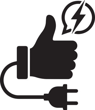 Thumbs up electrical plug icon. Power approval hand symbol. Electric energy hand vector. Green energy concept. Charging success illustration. Black silhouette hand with plug. Lightning bolt speech bub