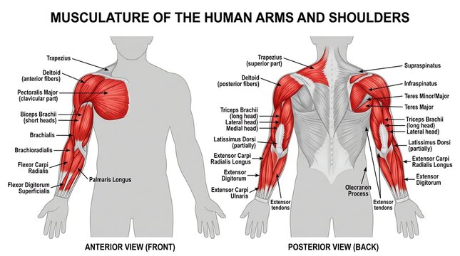 Detailed Illustration of Human Arm and Shoulder Musculature.