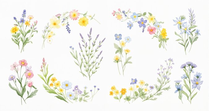 watercolor arrangements with small flower summer and spring. Botanical illustration minimal style.
