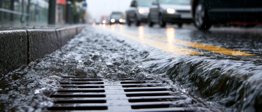 Rain causes water to flow along the street and enter the drainage system in a busy urban area during a gray day
