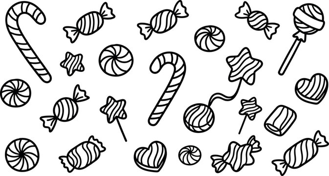 Christmas Holiday Sweet Candy Line Art Pattern Collection Featuring Candy Cane Lollipop Peppermint Swirl and Star Treats for Kids Coloring Page Designs