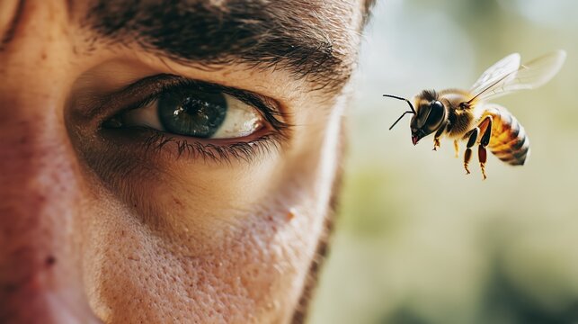 Man close to flying bee, allergy risk. Macro shot of male face with blue eye looking at hovering honey bee, shallow depth of field, concept of bee sting danger and insect allergy.