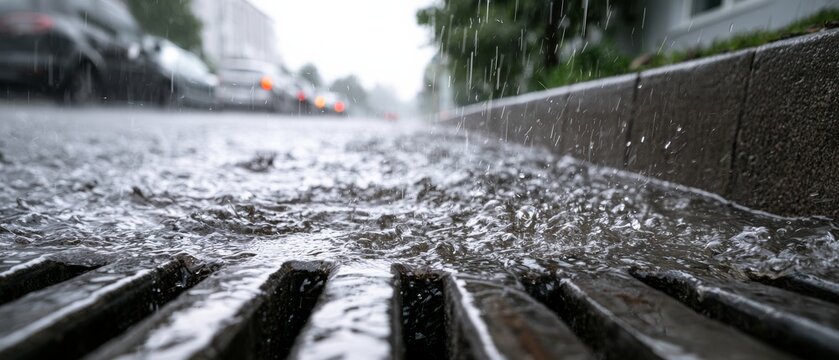 Heavy rain falls on city street as water flows into drainage system during a busy afternoon
