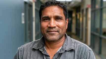 Obraz premium Neurodiversity Workplace Middle Aged Indian Athletic In Office Hallway