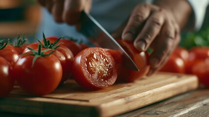 Obraz premium Chef Prepares Fresh Tomatoes on Wooden Cutting Board in Kitchen During Daytime