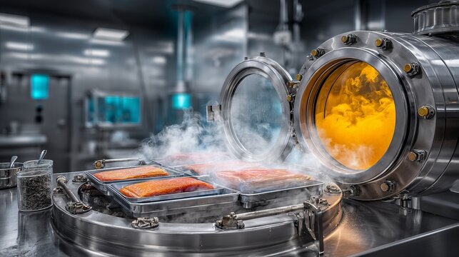 Industrial food processing with machine cooking salmon fillet using steam smoke