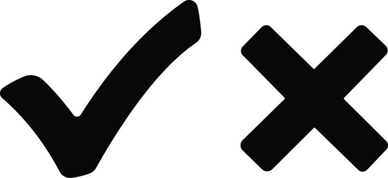 Black check mark and black cross symbol, simple flat for approval and rejection, isolated on a white background, ui