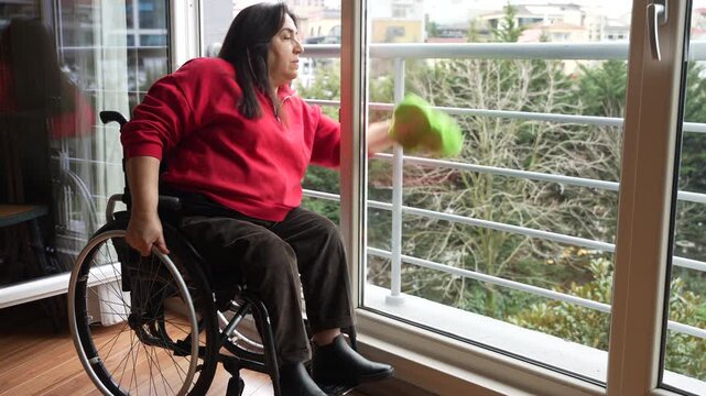 Woman Using Wheelchair Cleaning Apartment Window During Daily Routine