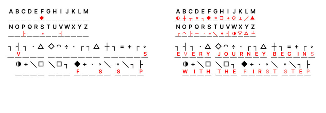 Encrypted proverb about first step leading to thousand miles, symbol cipher puzzle, motivational brain training activity
