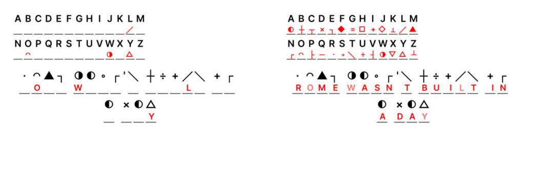 Coded quote about perseverance and action, each letter replaced by symbol, motivational cryptogram for cognitive development