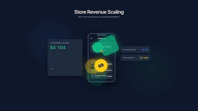 Motion graphics showing store revenue scaling and automated e-commerce checkout workflow