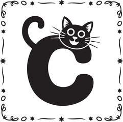 Black cat face on letter c with decorative border isolated on transparent background, Vector, illustration © Rijvi