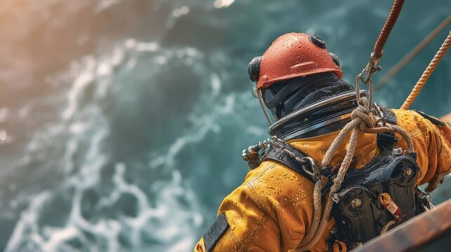 Professional Diver in Safety Gear Preparing for Underwater Inspection or Repair