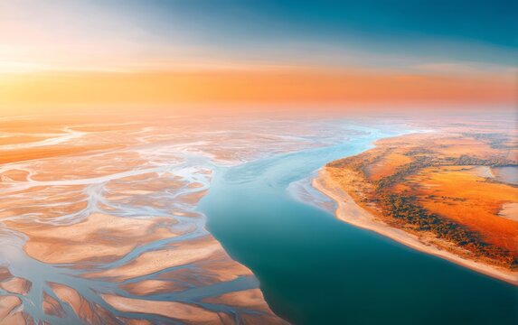 Aerial view of river delta with sunlight over winding water channels and golden sand