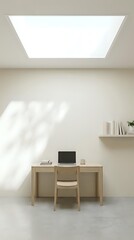 Fototapeta premium Minimalist home office workspace with wooden desk, chair, and laptop under bright skylight in neutral beige room with floating shelf and natural light.