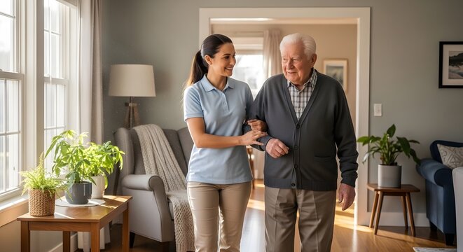  A compassionate caregiver walks with an elderly man, supporting him with a gentle smile. They are in a well-lit, comfortable home setting, conveying warmth and care