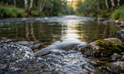 Fototapeta premium Tranquil forest stream flowing over mossy rocks in golden sunlight at dusk