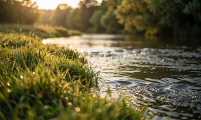 Fototapeta premium Sunrise over tranquil river with golden light reflecting on flowing water in lush green forest landscape