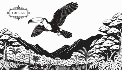 Obraz premium Very beautiful black-and-white engraved vector illustration featuring TOUCAN soaring above a dense rainforest valley, tropical trees, distant mountains, detailed feather textures, and a decorative spe