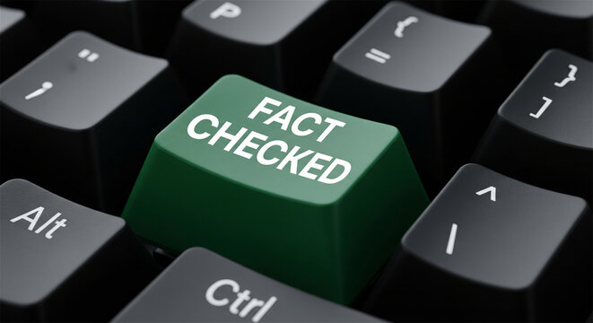 Fact checked green button on computer keyboard, verification and truth concept, journalism and news accuracy in digital media