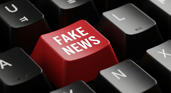 Fake news red keyboard button, misinformation and propaganda concept, digital disinformation on computer keypad, online media manipulation