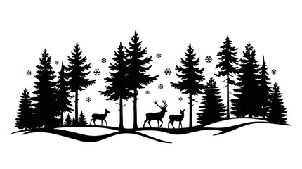 Winter Forest Silhouette Vector Illustration With Deer And Pine Trees © Sadrul