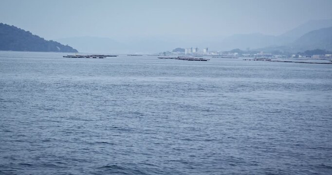 Aquaculture Rafts on Calm Sea with Misty Japanese Mountains Beyond - Tracking Shot